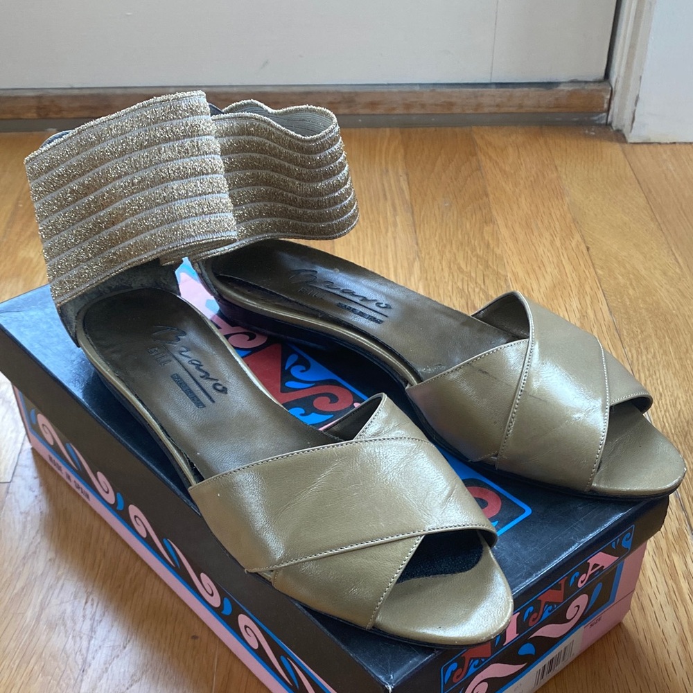 Gold Crossover Slide Sandals with Sparkle Ankle Band